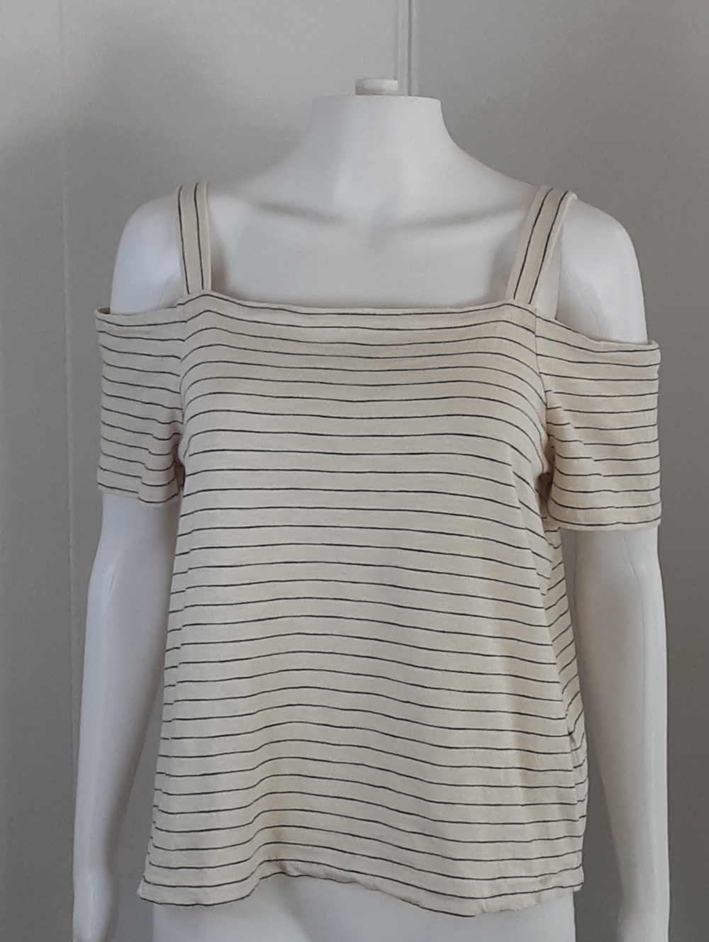 Madewell Bellamy 100% Cotton Cold-Shoulder Ivory | Black Striped Crop Top Sz L